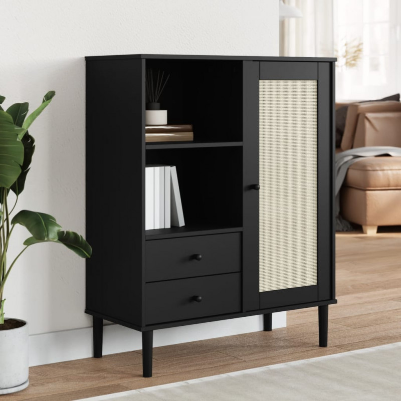 Highboard SENJA Rattan-Optik Schwarz 90x40x112 cm Kiefernholz