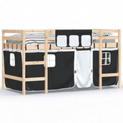Kinderhochbett mit Vorhängen Weiß und Schwarz Massivholz Kiefer
