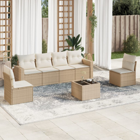 7-tlg. Garten-Sofagarnitur mit Kissen Beige Poly Rattan