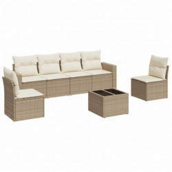 7-tlg. Garten-Sofagarnitur mit Kissen Beige Poly Rattan