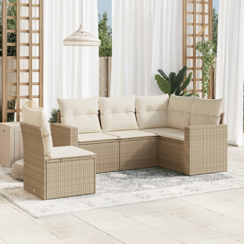 5-tlg. Garten-Sofagarnitur mit Kissen Beige Poly Rattan