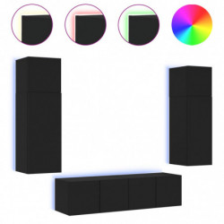6-tlg. Wohnwand mit LED-Beleuchtung Schwarz Holzwerkstoff