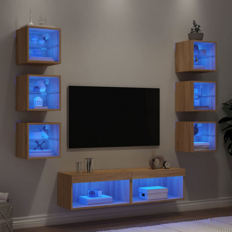 8-tlg. Wohnwand mit LED-Beleuchtung Sonoma-Eiche Holzwerkstoff