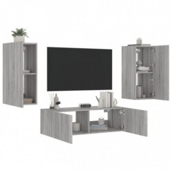 3-tlg. TV-Wohnwand mit LED-Leuchten Grau Sonoma