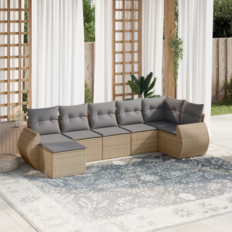 7-tlg. Garten-Sofagarnitur mit Kissen Beige Poly Rattan