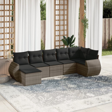 7-tlg. Garten-Sofagarnitur mit Kissen Grau Poly Rattan