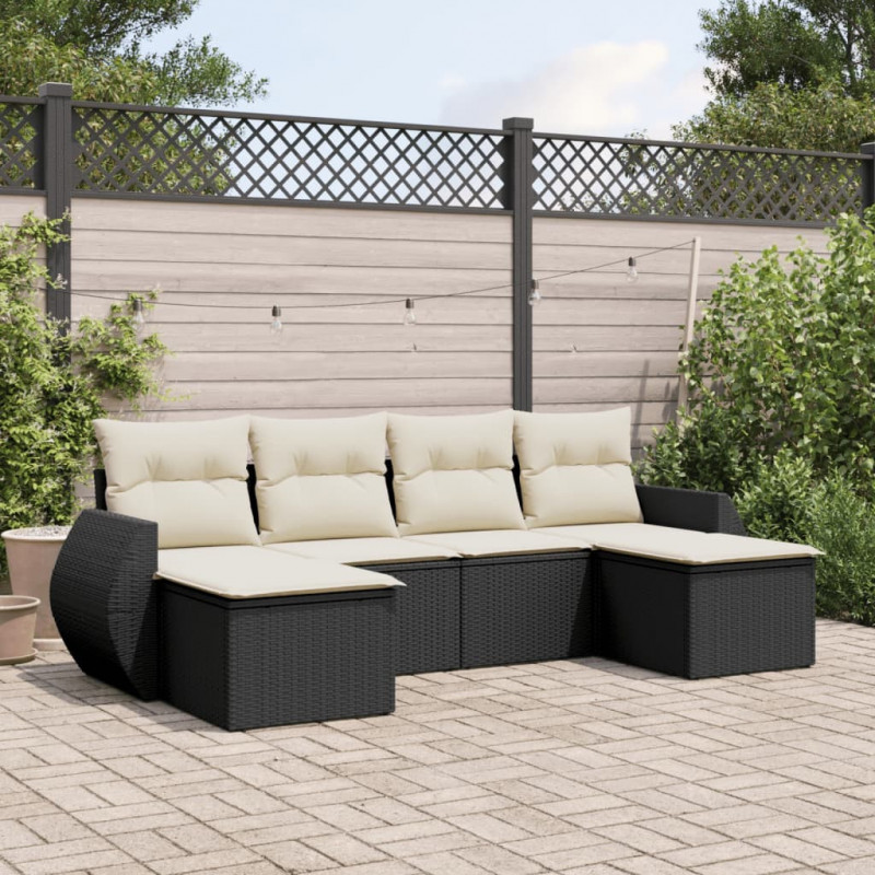 6-tlg. Garten-Sofagarnitur mit Kissen Schwarz Poly Rattan