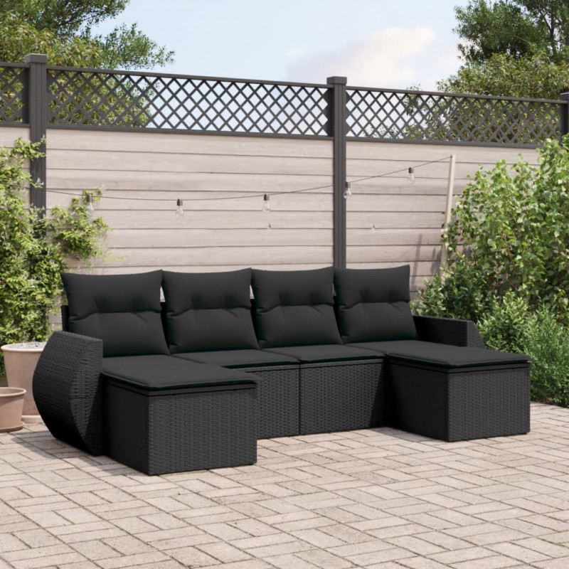 6-tlg. Garten-Sofagarnitur mit Kissen Schwarz Poly Rattan