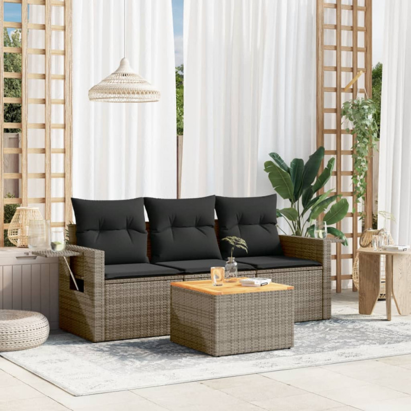 4-tlg. Garten-Sofagarnitur mit Kissen Grau Poly Rattan