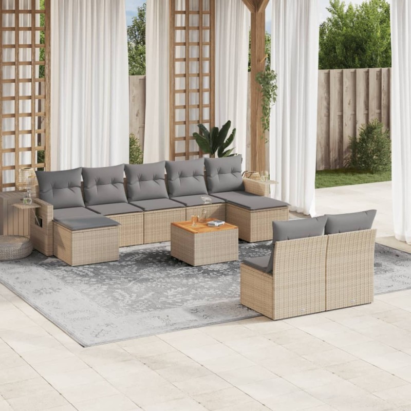 10-tlg. Garten-Sofagarnitur mit Kissen Beige Poly Rattan