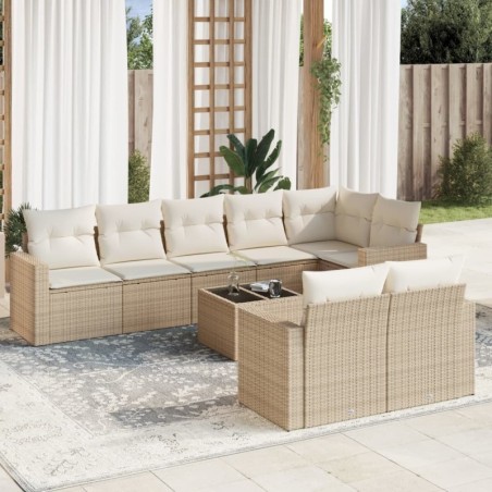 9-tlg. Garten-Sofagarnitur mit Kissen Beige Poly Rattan