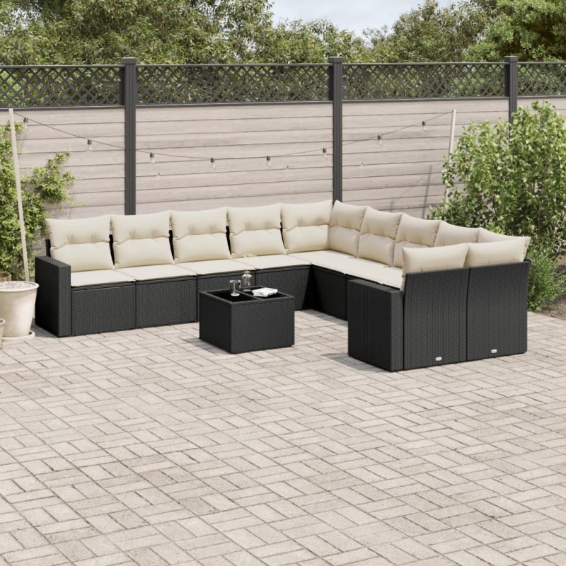 11-tlg. Garten-Sofagarnitur mit Kissen Schwarz Poly Rattan