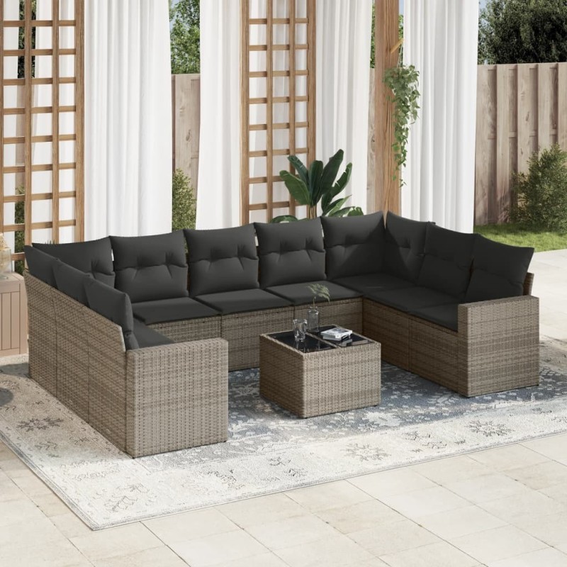 10-tlg. Garten-Sofagarnitur mit Kissen Grau Poly Rattan