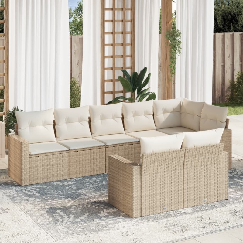 8-tlg. Garten-Sofagarnitur mit Kissen Beige Poly Rattan