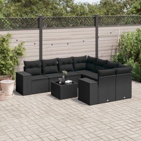 9-tlg. Garten-Sofagarnitur mit Kissen Schwarz Poly Rattan