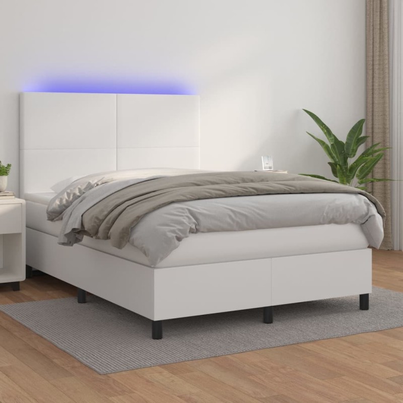 Boxspringbett mit Matratze & LED Weiß 140x190 cm Kunstleder