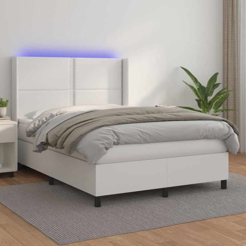 Boxspringbett mit Matratze & LED Weiß 140x190 cm Kunstleder