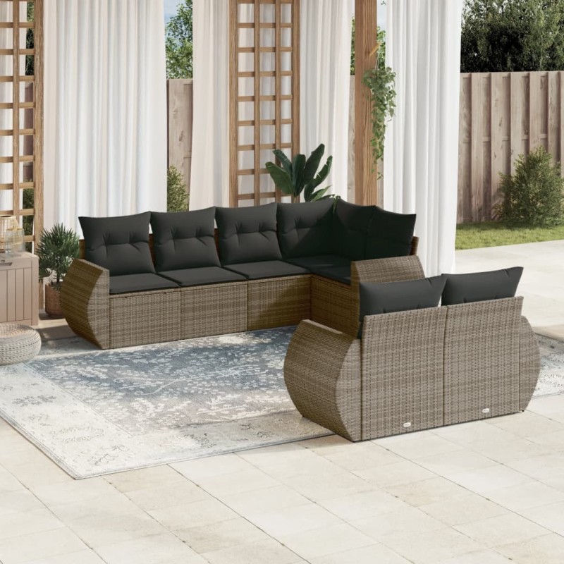 7-tlg. Garten-Sofagarnitur mit Kissen Grau Poly Rattan