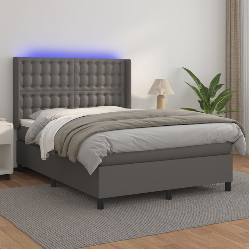 Boxspringbett mit Matratze & LED Grau 140x200 cm Kunstleder