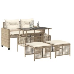 4-tlg. Garten-Sofagarnitur mit Kissen Beige Poly Rattan Glas