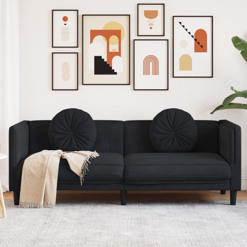 Sofa mit Kissen 3-Sitzer Schwarz Samt