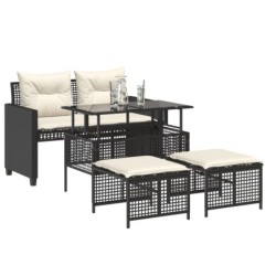 4-tlg. Garten-Sofagarnitur mit Kissen Schwarz Poly Rattan Glas