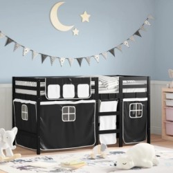 Kinderhochbett mit Vorhängen Weiß Schwarz 90x200 cm Kiefernholz