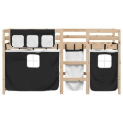 Kinderhochbett mit Vorhängen Weiß Schwarz 90x190 cm Kiefernholz