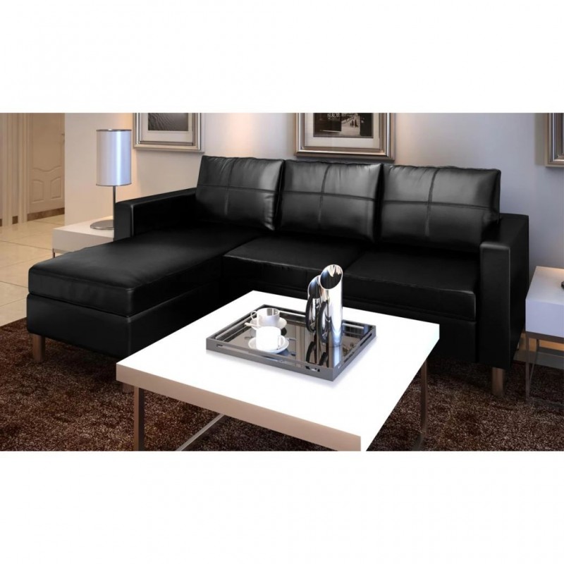 L-förmiges Sofa 3-Sitzer Kunstleder Schwarz