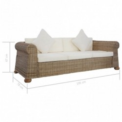 3-Sitzer-Sofa mit Polstern Natürliches Rattan