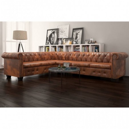 Chesterfield Ecksofa 6-Sitzer Kunstleder Braun