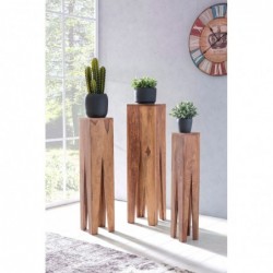 Wohnling Beistelltisch 3er Set Massivholz Akazie Wohnzimmer-Tisch Design Säulen Landhausstil Couchtisch quadratisch