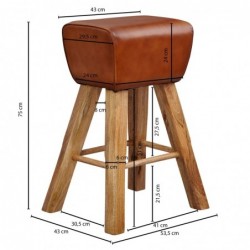 Wohnling Barhocker Turnbock 43x75x43 cm Mango Massivholz / Echtleder | Design Barstuhl Braun | Lederhocker ohne Lehne | Count