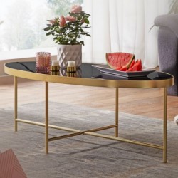 Wohnling Design Couchtisch Glas Schwarz - Oval 110 x 56 cm mit Gold Metallgestell | Großer Wohnzimmertisch | Lounge Tisch Gla