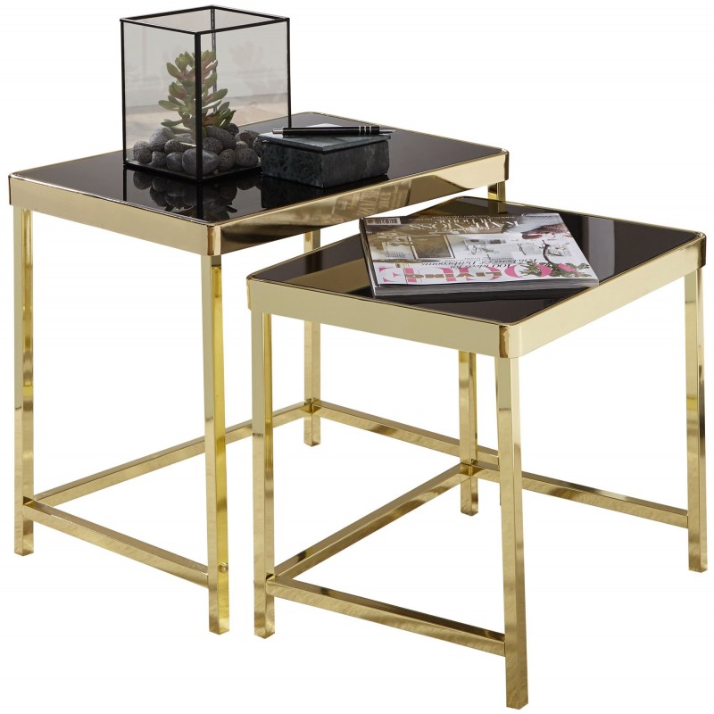 Wohnling Satztisch Schwarz / Gold Beistelltisch Metall/Glas | Couchtisch Set aus 2 Tischen | Kleiner Wohnzimmertisch | Metall