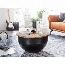 Wohnling Couchtisch Mango 60x34x60 cm Massivholz Metall Tisch Schwarz Industrial Rund | Design Wohnzimmertisch mit Stauraum |