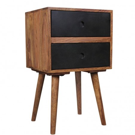 Wohnling Retro Nachtkonsole REPA / Sheesham-Holz Nachttisch mit 2 Schubladen dunkelbraun / schwarz | Design Nachtkästchen 40