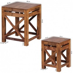 Wohnling 2er Set Beistelltisch PALI Massiv-Holz Sheesham Wohnzimmer-Tisch Design dunkel-braun Landhaus-Stil Couchtisch