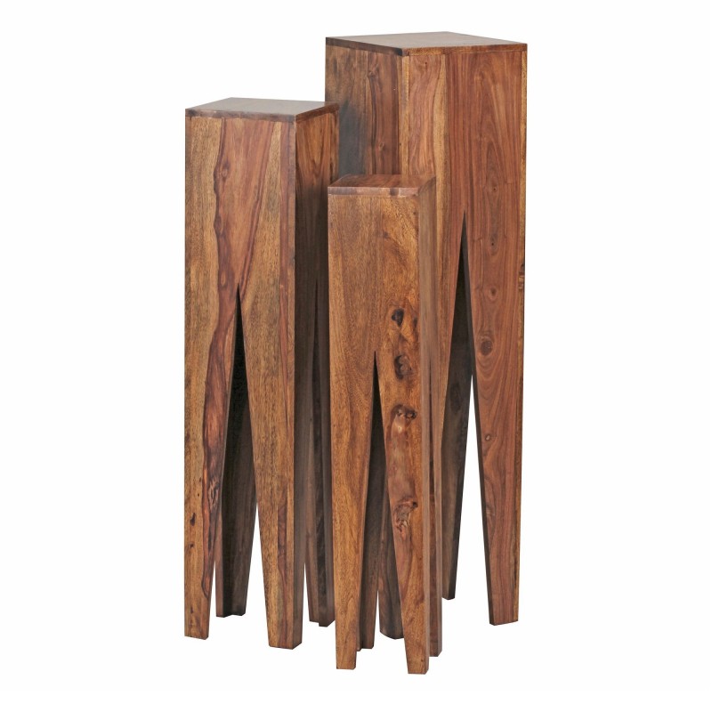 Wohnling Beistelltisch 3er Set Massivholz Sheesham Wohnzimmer-Tisch Design Säulen Landhausstil Couchtisch quadratisch