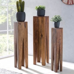 Wohnling Beistelltisch 3er Set Massivholz Sheesham Wohnzimmer-Tisch Design Säulen Landhausstil Couchtisch quadratisch