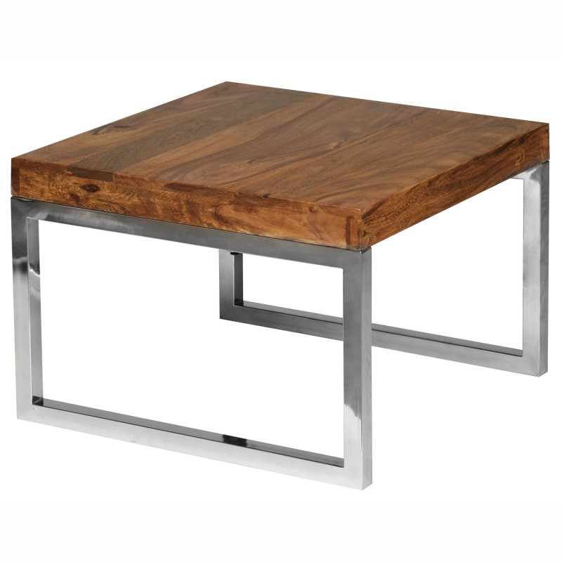 Wohnling Beistelltisch GUNA Massiv-Holz Sheesham Wohnzimmer-Tisch Metallgestell Landhaus-Stil Couchtisch dunkelbraun natur