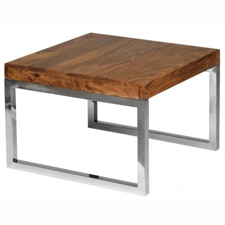 Wohnling Beistelltisch GUNA Massiv-Holz Sheesham Wohnzimmer-Tisch Metallgestell Landhaus-Stil Couchtisch dunkelbraun natur