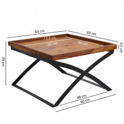 Wohnling Couchtisch WL5.595 63x39x63cm Sheesham Massivholz / Metall Sofatisch | Design Wohnzimmertisch Industrial Style | Stu