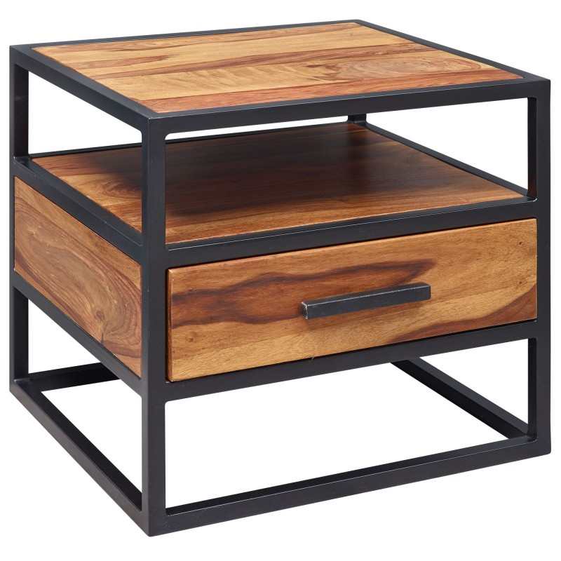 Wohnling Nachtkonsole 50 x 45 x 45 cm WL5.624 Sheesham Holz Metall Schwarz Nachttisch | Nachtkästchen mit Schublade Industria