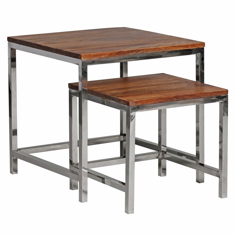 Wohnling 2er Set Satztisch GUNA Massiv-Holz Sheesham Wohnzimmer-Tisch Metallgestell Landhausstil Beistelltisch braun natur