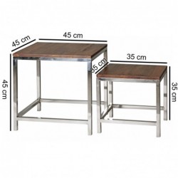 Wohnling 2er Set Satztisch GUNA Massiv-Holz Sheesham Wohnzimmer-Tisch Metallgestell Landhausstil Beistelltisch braun natur
