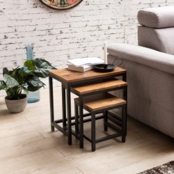 Wohnling 3er Set Design Beistelltisch AKOLA Sheesham Satztisch Metallbeine | Tischset 3 teilig Materialmix | Couchtisch aus M