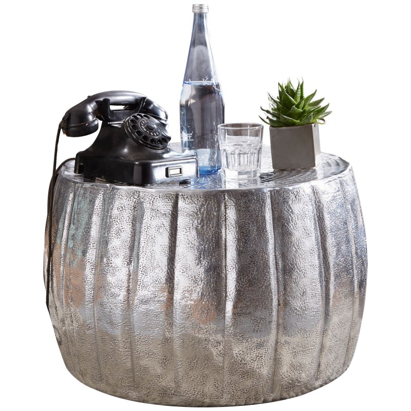 Wohnling Couchtisch 60x36x60 cm Aluminium Silber Beistelltisch orientalisch rund | Flacher Sofatisch Metall | Design Wohnzimm