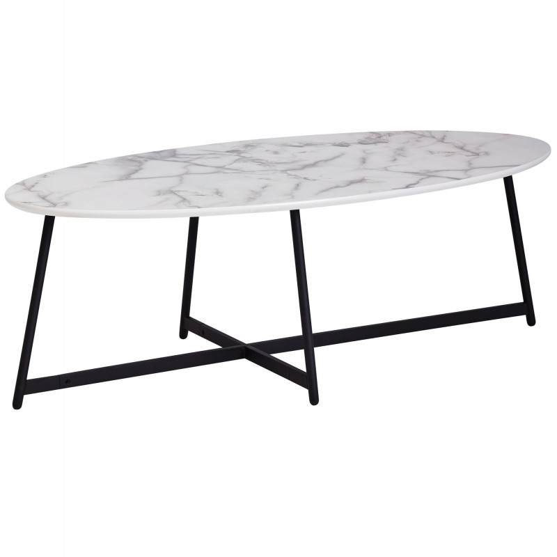 Wohnling Design Couchtisch Oval 120x60 cm mit Marmor Optik Weiß | Wohnzimmertisch mit Metall-Beine Schwarz | Großer Beistellt