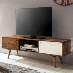 Wohnling TV Lowboard REPA 140 cm Massiv-Holz Sheesham Landhaus 2 Türen u. Fach | HiFi Regal braun / weiß 4 Füße | Fernseher K